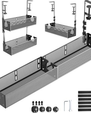 Multi-Model Under Desk Cable Management Tray 2 Packs Metal Under Desk Wire Management Clamp Mount Under Table Cord Management No Damage The Desk (Black)