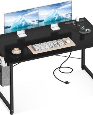 ODK Computer Desk - 48 Inch Office Writing Desk for Home, Student Study Desk with Storage Bag, Headphone Hook & Power Outlets, Modern Simple Table for Bedroom, Black